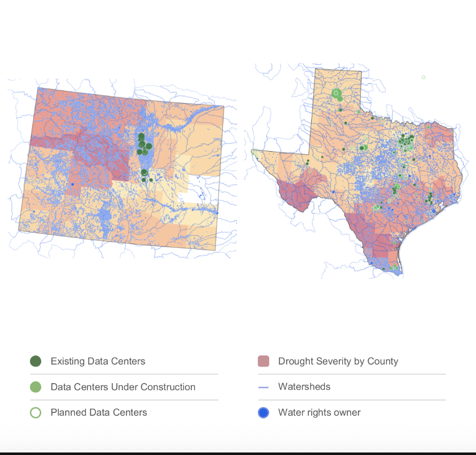 CMDT Water Intelligence map showing drought severity, watersheds, water rights owners, and data center locations.